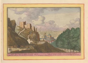 Utsikt över Alcazaba och katedralen i Granada Gesigt av slottet de Rooden Tooren och Granades Hoofdkerk (titel på objektet) Theatrum Hispaniae (...) (serietitel)