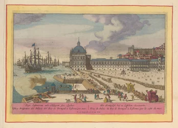 Utsikt över det kungliga palatset i Lissabon och förgården med människor Kungliga hovet i Lissabon; Zeewaartz (titel på objekt) Theatrum Hispaniae (...) (serietitel)