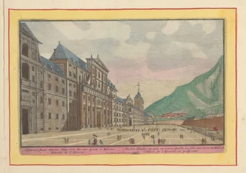 Utsikt över förgården och fasaden av Escorial Självklostret, på sidan av fronten; stå mig själv inte långt från Madrid (titel på objekt) Theatrum Hispaniae (...) (serietitel)