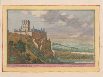 Kasteel van Segovia Het Hof nevens de sterke Wagt-tooren te Segovia / Regia et Excubitorum turris Segovia (titel på objekt) Theatre of Spain (...) (serietitel)