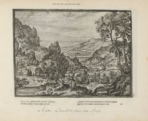 Landschap met Hagar en de engel Trösta elden (titel på objekt) The Sacred Emblems and the Main History of Both Testaments (Oude Testament) (serietitel) Bilder och figurer av böcker (serietitel)