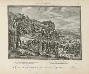 Landschap met de verdrijving van Hagar en Ismaël genom Abraham Adopterade söner av lucus (titel på objekt) The Sacred Emblems and the Main History of Both Testaments (Oude Testament) (serietitel) Bilder och figurer av böcker (serietitel)