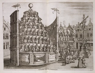 Illustration som visar en rörlig teater, från "Historicas berättelse om avgång och invigning..." av Johannes Bochius, Plantin Press, 1602