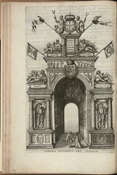 Floderna Tejo, Plata, Ganges och Hydaspes. Baksidan av den portugisiska triumfbågen, Ernst, ärkehertig av Österrikes intåg i Antwerpen, publicerad 1595 (gravyr)