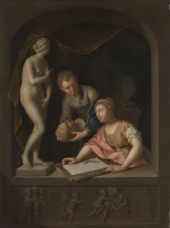 En flickteckning och en pojke nära en staty av Venus En staty av Venus, med en flickteckning och en pojke