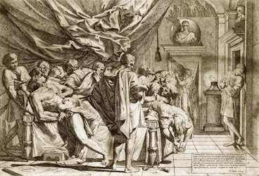 The Death of Caton the Elder (Marcus Porcius Cato) eller Caton the Censor (234-149 BC) av Pietro Testa 1648 - The Death of Cato - 1648, av Pietro Testa (1612-1650 BC), etsning -
