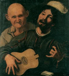 En gitarrspelare och en gammal man deltar (olja på duk)