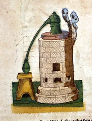 Alkemi: Apparat för destillation. Gravyr från en bok av Pietro Andrea Mattioli (Matthiole) (1500-1577). Frankfurt