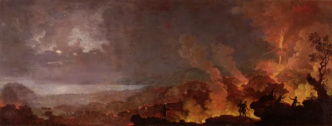 Vesuvius utbryter på natten med turister i förgrunden