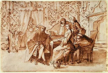 A Music Party (penna och brun tvätt över svart krita på papper)