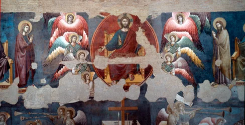 Yttersta domen. Den tronande Kristus omges av änglar. Detalj. Fresk av Pietro de Cerroni, kallad Cavallini (verksam omkring 1273-1321), 1293, Rom, Santa Cecilia in Trastevere