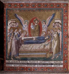 Mosaiken Jungfru Marias avsomnande i absiden av Pietro Cavallini (verksam omkring 1273-1330), sent 1200-tal (Jungfruns död, mosaik från absiden av Pietro Cavallini, slutet av 1200-talet), Rom, kyrkan Santa Maria in Trastevere, Italien