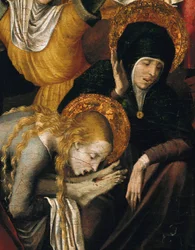 Nedstigning från korset (Deposizione), detalj av Maria Magdalena som omfamnar Kristi fötter, tidigt 1500-tal (tempera på panel)