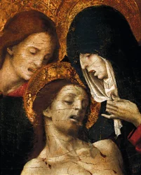 Nedstigning från korset (Deposizione), detalj av Johannes, Jungfru Maria och Kristus, tidigt 1500-tal (tempera på panel)