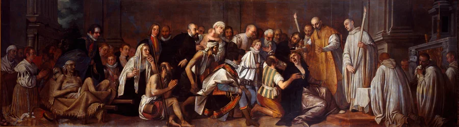 Sankt Bernard av Clairvaux (San Bernardo di Chiaravalle) (1090-1153) och Posssedee En skara bestående av invalider närvarar vid platsen för demonens befrielse. Målning av Pietro Damini (1592-1631) 1600-talets Chioggia, Chiesa di San Domenico