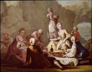 Bankettscen i Posillipo (Pausilippe), Neapel. Detalj med aristokrater på picknick - Bankett i Posillipo - Detalj med aristokrater - 1700-talet, Museo Nazionale di San Martino, Neapel