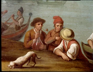 Bankettscen i Posillipo (Pausilippe), Neapel, detalj med fiskare - Bankett i Posillipo - detalj med fiskare. Pietro Fabris. 1700-talet. Museo Nazionale di San Martino, Neapel