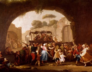 Dansscen och folkfest i Neapel, detalj. Tarantelladansare (tarantella, tarantella). Pietro Fabris (verksam mellan 1763 och 1776), 1700-talet, Neapel, Museo Nazionale di San Martino