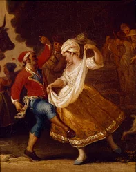 Dansscen och folkfest i Neapel, detalj av tarantellan (tarantella, tarantella), 1700-talet, Neapel, Museo Nazionale di San Martino