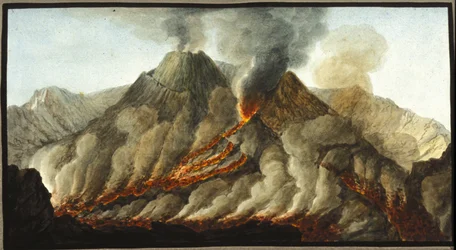 Den utbrottande vesuvius. Denna gouache utfördes av Pierre Fabris, på begäran av Sir William Hamilton, engelsk ambassadör i Neapel. Bibl. Braidense, Milano.