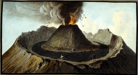 Den utbrottande vesuvius. Denna gouache utfördes av Pierre Fabris, på begäran av Sir William Hamilton, engelsk ambassadör i Neapel. Bibl. Braidense, Milano.
