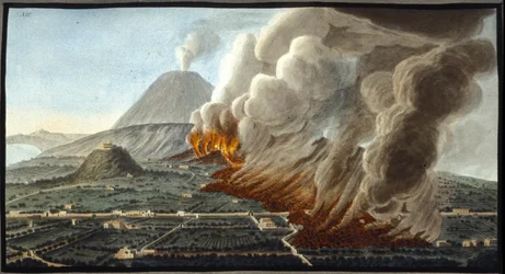 Den utbrottande vesuvius. Denna gouache utfördes av Pierre Fabris, på begäran av Sir William Hamilton, engelsk ambassadör i Neapel. Bibl. Braidense, Milano.