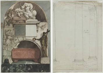 Design för en fresk av en konstnärsgrav i Certosa i Bologna (recto); Arkitektonisk ritning av kolumner (verso)