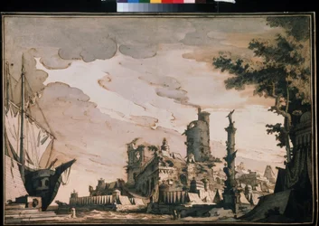 ""Utsikt över en hamn"" Teaterinredning. Akvarell av Pietro di Gottardo Gonzaga (1751-1831) 1818. Akvarell och tusch på papper. Moskva, Pushkin-museet