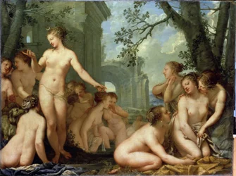Diana och Kallisto. Grekisk mytologi: Diana upptäcker att nymfen Kallisto är gravid med Zeus. Målning av Pietro Liberi (1614-1687). Barockkonst. Eremitaget, Sankt Petersburg