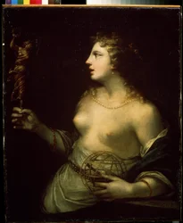 ""Urania"" (Urania) representation av den skyddande musen för astronomi och astrologi, som håller en hand på en sfär. Målning av Pietro Liberi (1614-1687) Mikhail Kroshitsky Art Museum från 1600-talet, Sevastopol (Sevastopol) Ukraina