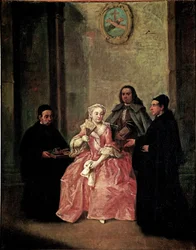 En munk bjuder på ett par varm choklad med venetianska kex - Målning av Pietro Longhi (1702-1785) 1774 Dim 61x50 cm Venedig, Ca 