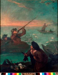 Ankajakt i lagunen Målning av Pietro Longhi (1702-1785) 1765-1770 sön 61x49,5 cm Venedig Pinacoteca Querini-Stampalia