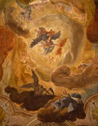 Italien, Venedig, Grand Staircase i Palazzo Sagredo, jättarnas fall, fresk av Pietro Longhi
