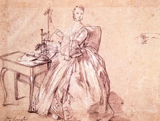 Lady spinning tråd, av Pietro Longhi (1701-1785), teckning