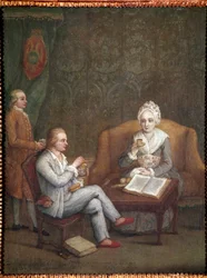 Porträtt av Adriana Giustinian med sin son Gerolamo Ascanio som tar varm choklad (Adriana Giustinian Barbarigo och hennes son Gerolamo Ascanio tar en kopp choklad) Målning av Pietro Longhi (1702-1785) 1779 ca. Mått 58x45 cm Venedig, Ca 
