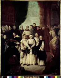 The Fraternity of Venice (La frateria di Venezia) - Målning av Pietro Longhi (1702-1785), olja på duk, 61x49 cm
