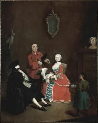 Masken besök Bauta (bautta) karaktär vetu av den venetianska dräkten består av den svarta capen, den svarta tricornhatten och den vita masken - (Besök i Bauta mask) Målning av Pietro Longhi (1702-1785) 1760 ca Dim 62x50 cm Venedig, Ca 