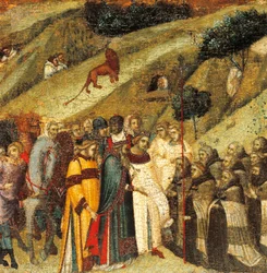Första karmeliteremiter under våren av Elia, detalj från predella av altartavla för Carmine, Pietro Lorenzetti (cirka 1280-1348), tempera och guld på träpanel