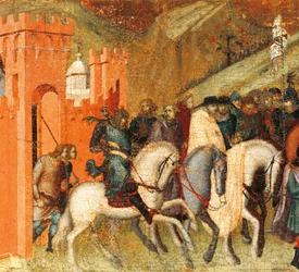 Första karmeliteremiter under våren av Elia, detalj från predella av altartavla för Carmine, Pietro Lorenzetti (cirka 1280-1348), tempera och guld på träpanel