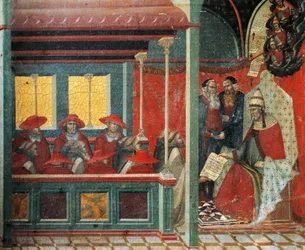 Honorius III godkänner karmeliternas regel, detalj från predella av altartavlan för Carmine, av Pietro Lorenzetti (cirka 1280-1348), tempera och guld på träpanel