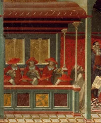 Honorius III godkänner karmelithärska, detalj från predella av altartavla för Carmine av Pietro Lorenzetti (cirka 1280-1348), tempera och guld på träpanel