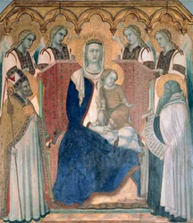 Madonna och barn, heliga och änglar av Pietro Lorenzetti (cirka 1280-1348), tempera på trä