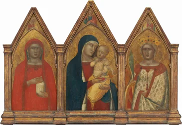 Madonna och barnet med välsignelsen Kristus, och de heliga Maria Magdalena och ..., troligen 1340.