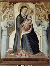Madonna och barnet på tronen med änglar (Tempera på trä