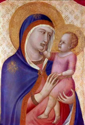 Madonna i ära Detalj av Jungfrun har barnet i majestät mellan änglar. Detrempe på trä av Pietro Lorenzetti (1280-1348) 1340 Dim. 1,45x1,22 m Florens, Uffizierna