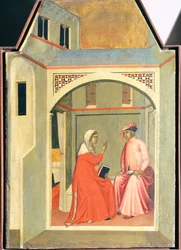 Rosana separeras från sin man Ugolotto för att leva heligt, tegel från den välsignade ödmjukhetens altartavla, av Pietro Lorenzetti (ca 1280-1348), tempera och guld på träpanel.