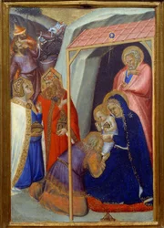 Tillbedjan av Detrempe Magi på trä av Pietro Lorenzetti (1280-1348)