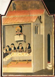 Den välsignade ödmjukheten lyckas mirakulöst läsa i matsalen i Santa Perpetua, kakel från altartavlan av den välsignade ödmjukheten av Pietro Lorenzetti (ca 1280-1348), tempera och guld på trä
