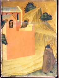 Den välsignade flyr från klostret och korsar floden Lamone, kakel på den välsignade ödmjukhetens altartavla, av Pietro Lorenzetti (ca 1280-1348), tempera och guld på träpanel.