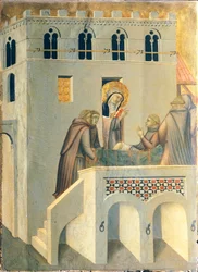 Den välsignade helar foten av en munk från Vallombrosa Abbey, kakel från den välsignade ödmjukhetens altartavla, av Pietro Lorenzetti (ca 1280-1348), tempera och guld på träpanel.